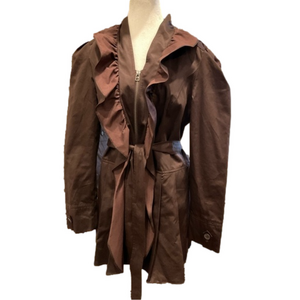 THX S brown lightweight lined trench coat with flirty front peplum and belt